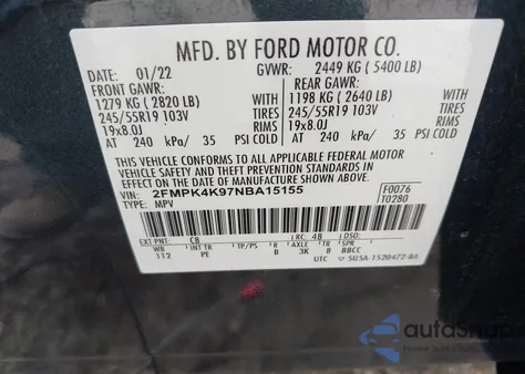 2022 Ford Edge Titanium z USA, uszkodzony, nr VIN 2FMPK4K97NBA15155